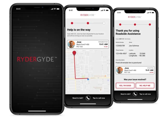 Three phones showing RyderGyde&rsquo;s roadside assistance screens