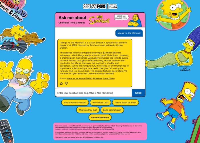 simpsons.chat answering a question about a Simpsons episode