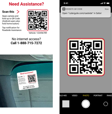 Vehicle sticker with a QR code for Roadside Assistance, and a phone camera scanning it to open the RyderGyde site
